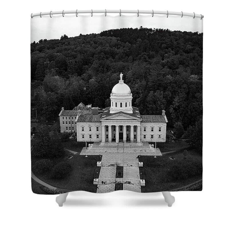 Democrats Shower Curtain featuring the photograph Vermont state capitol building in Montpelier Vermont in black and white by Eldon McGraw