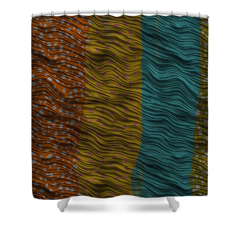 Red Turquoise Sage Shower Curtain featuring the digital art Vertical Patterns by Bonnie Bruno