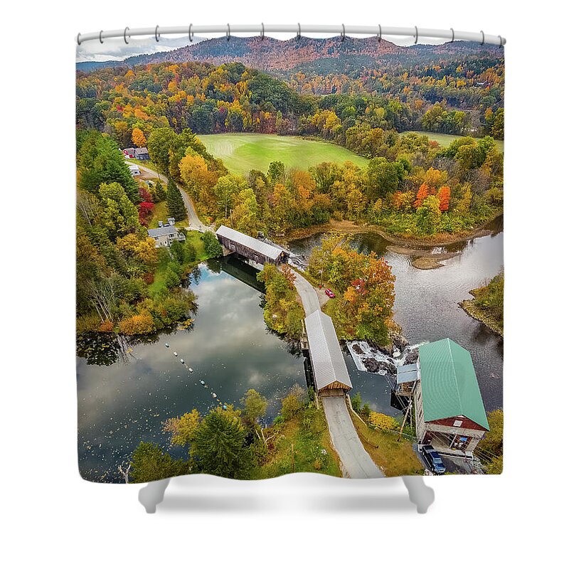 Hartland Vermont Shower Curtain featuring the photograph Vertical Vermont autumn colors over the Willard Twin Bridges by Jeff Folger
