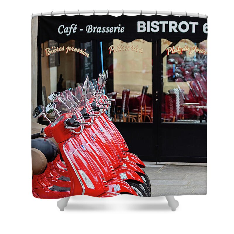 Red Vespas Shower Curtain featuring the photograph Vespas Rouges by Melanie Alexandra Price