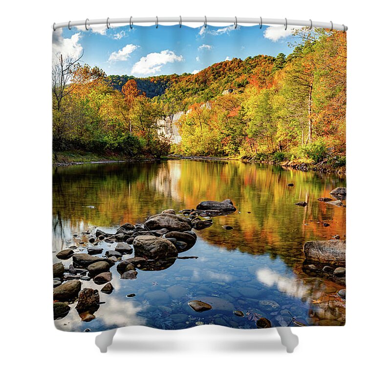 America Shower Curtain featuring the photograph Vibrant Autumn Along The Buffalo National River And Roark Bluff by Gregory Ballos