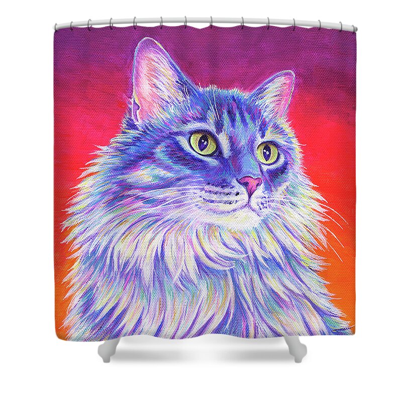 Cat Shower Curtain featuring the painting Vibrant Longhaired Gray Tabby Cat by Rebecca Wang
