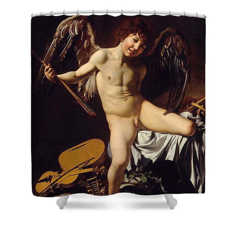 Amor Victorious Shower Curtain featuring the painting Victorious Cupid by Michelangelo Merisi da Caravaggio