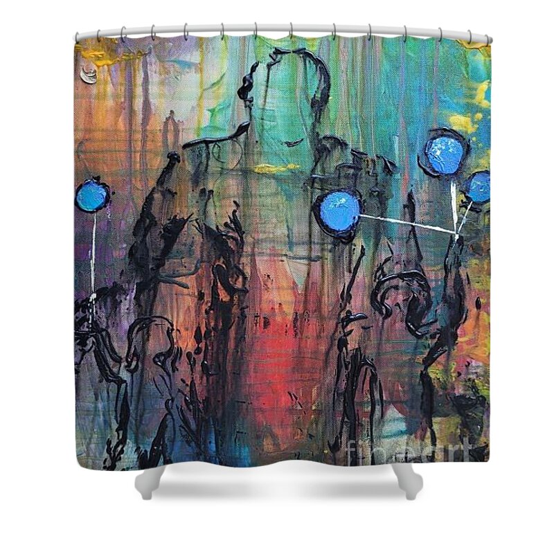  Shower Curtain featuring the painting The Victory with Dad, Daughters, and Balloons by Mark SanSouci