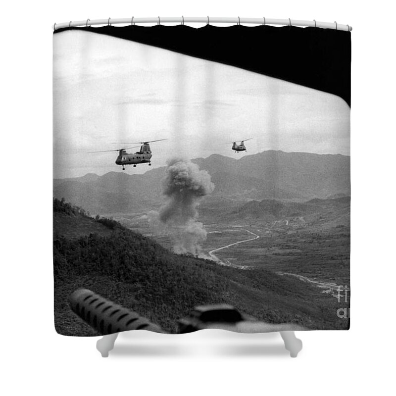 1968 Shower Curtain featuring the photograph Vietnam War Helicopters, 1968 by Mike Servais