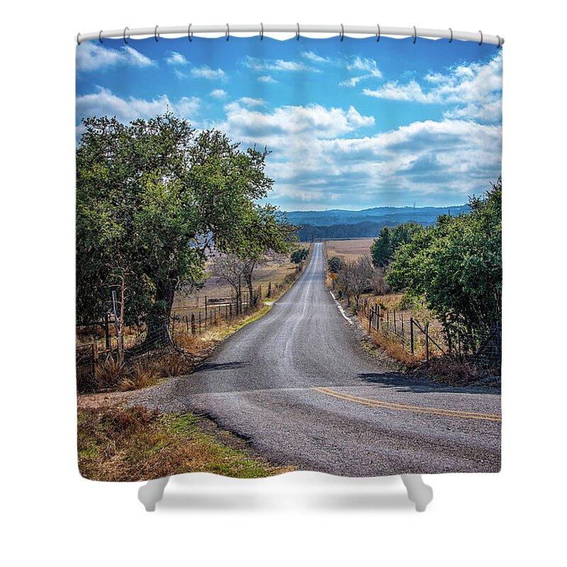 Texas Hill Country Shower Curtain featuring the photograph View Down a Hill Country Road by Lynn Bauer