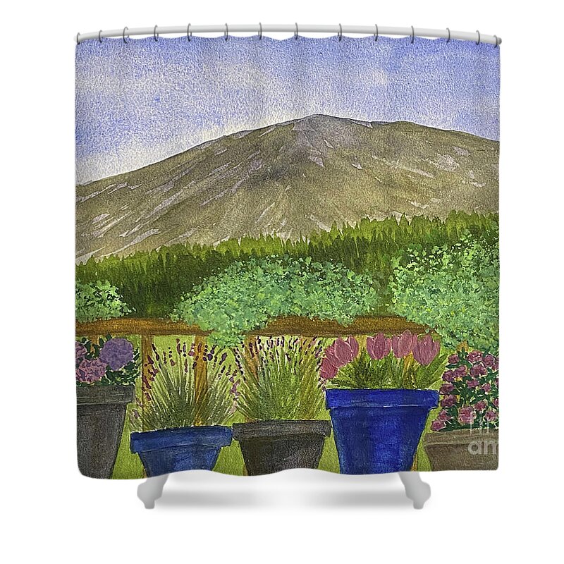 Tiger Mountain Shower Curtain featuring the mixed media View from a Porch by Lisa Neuman