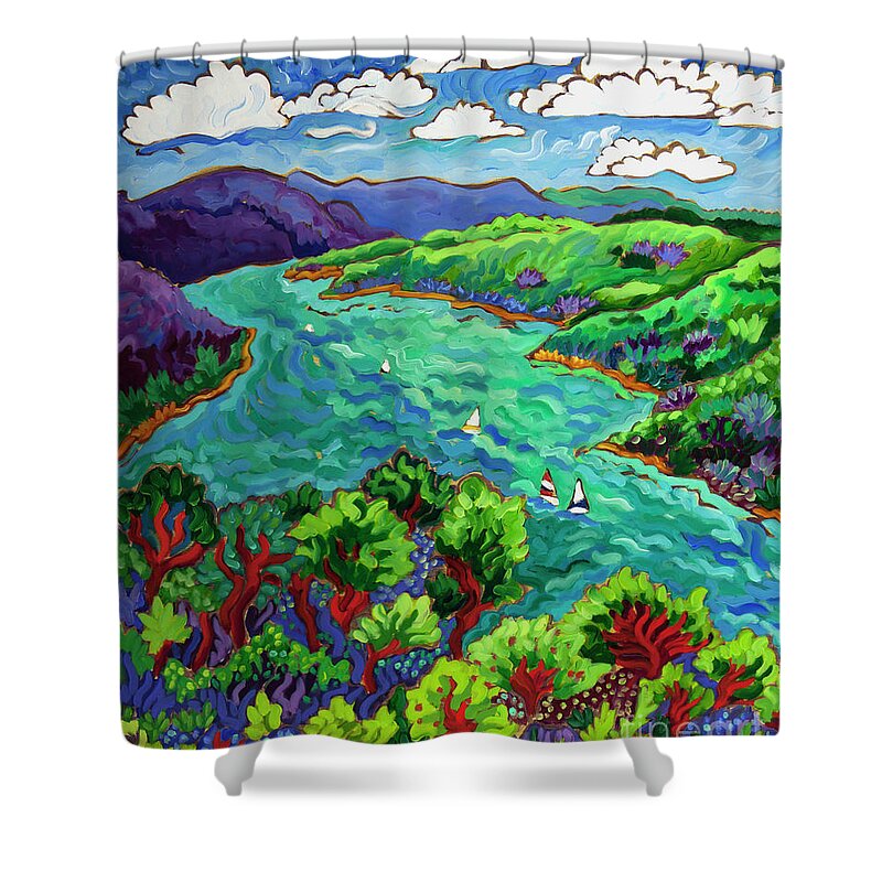 Finger Lakes Shower Curtain featuring the painting View from Esperanza by Cathy Carey