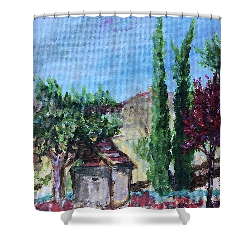 Maurice Carrie Winery Shower Curtain featuring the painting View from Maurice Carrie Winery by Roxy Rich