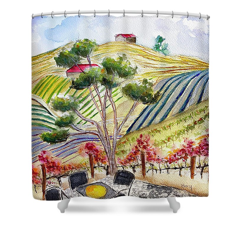View Shower Curtain featuring the painting View from the patio at Gershon Bachus Vintners by Roxy Rich