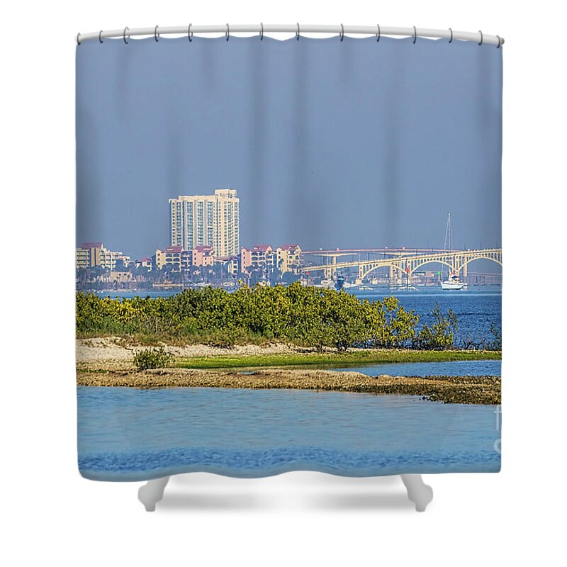 Waterway Shower Curtain featuring the photograph View From Under The Dunlawton Bridge by Deborah Benoit