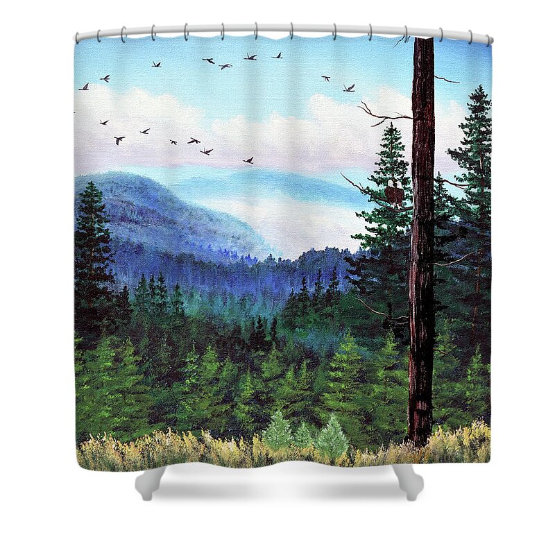 Eagles Shower Curtain featuring the painting View into the Blue Distance by Laura Iverson