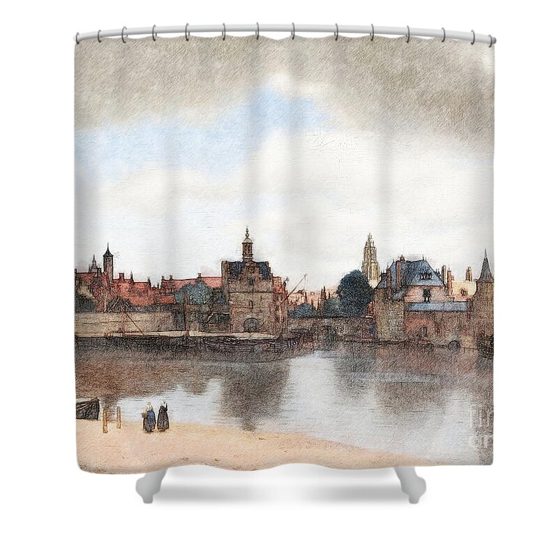 View Of Delft Shower Curtain featuring the digital art View of Delft by Jerzy Czyz