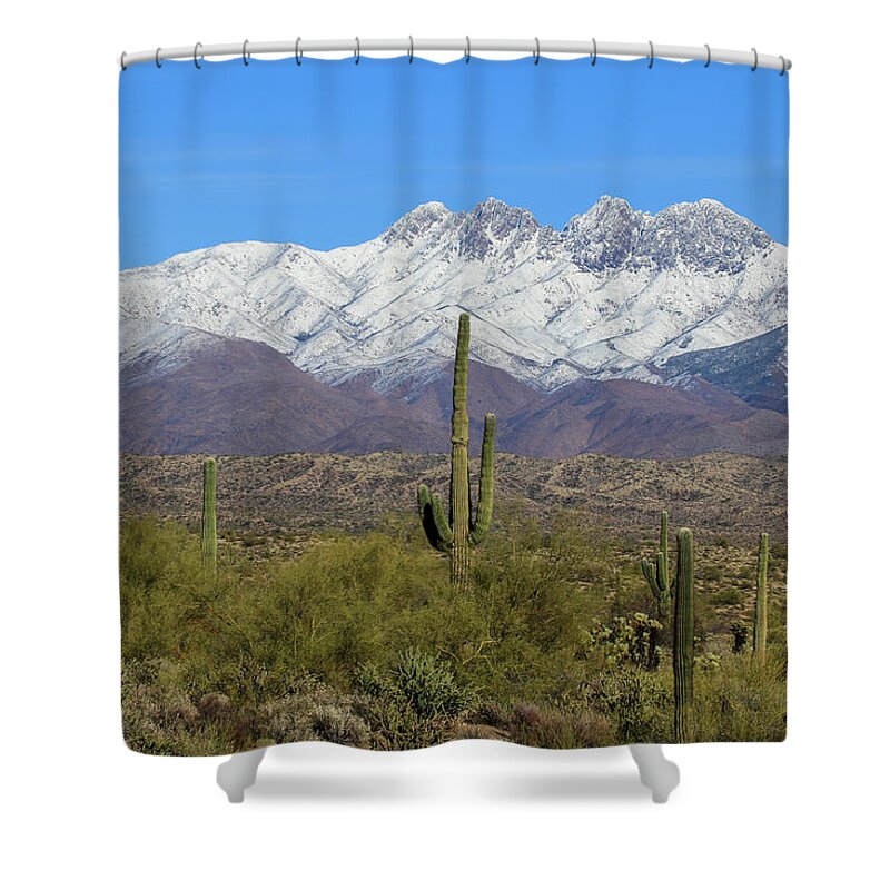2021 Shower Curtain featuring the photograph View of Four Peaks with Snow by Dawn Richards