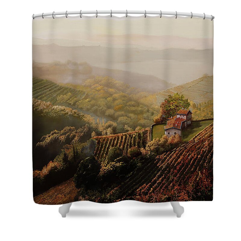 Langhe Shower Curtain featuring the painting vigne di Langa nella nebbia by Guido Borelli