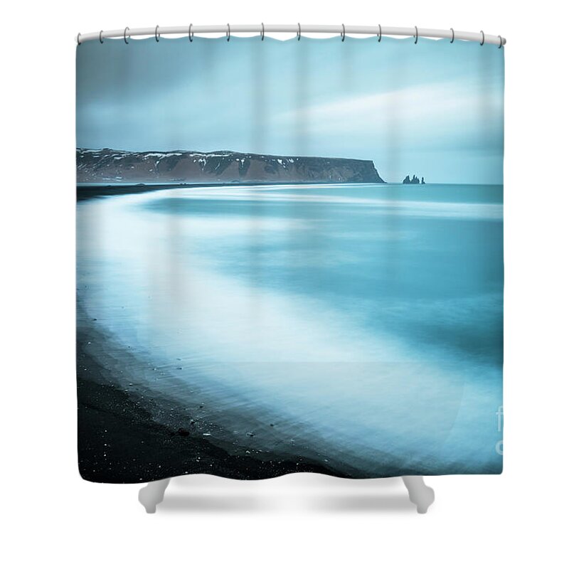 Vik Black Beach Shower Curtain featuring the photograph Vik black beach and Reynisdrangar rocks, Iceland by Neale And Judith Clark