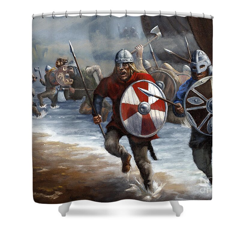 Vikings Shower Curtain featuring the painting Viking Assault by Ken Kvamme