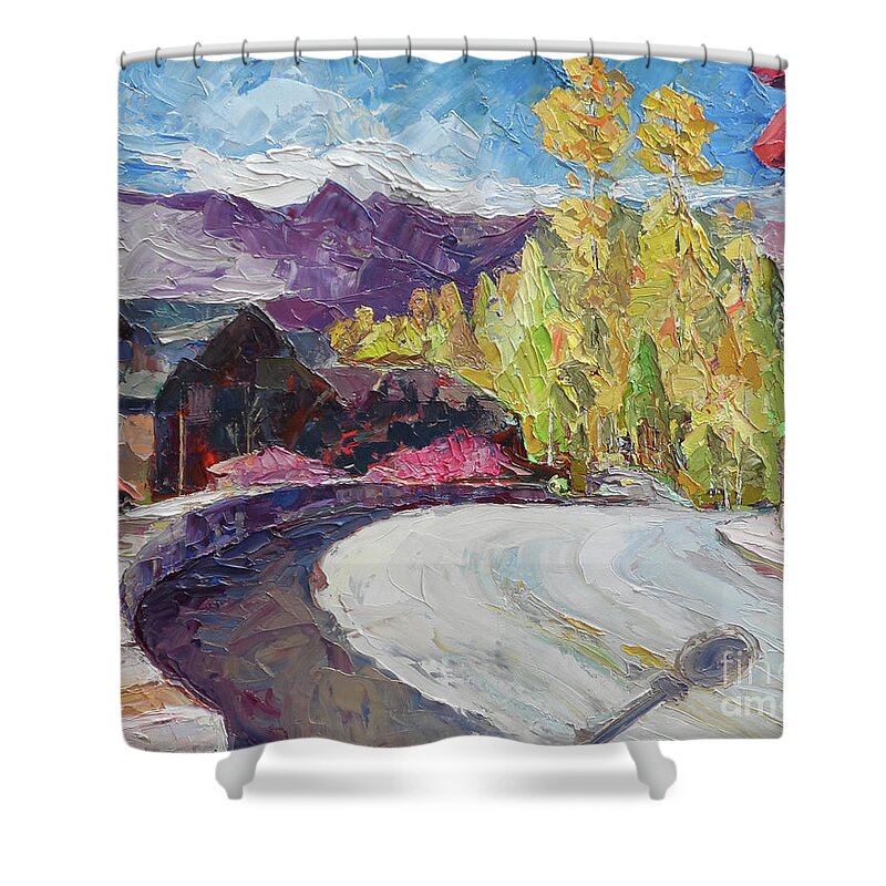 Telluride Village Shower Curtain featuring the painting Village Bridge, 2018 by PJ Kirk