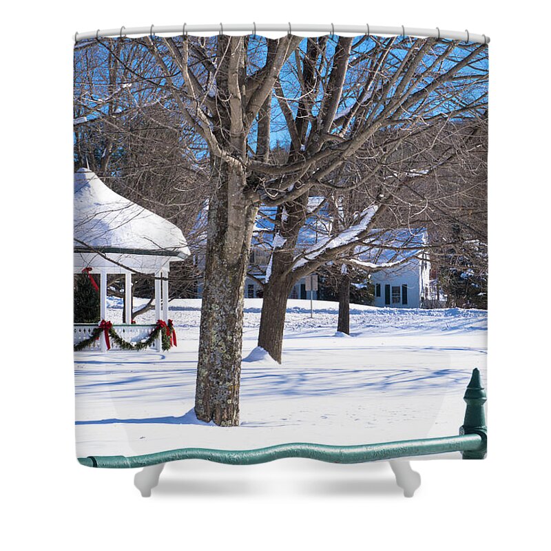 New England Shower Curtain featuring the photograph Village Gazebo Decorated For The Holidays by Ann Moore