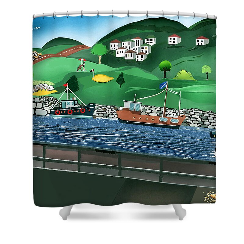 Colourful Shower Curtain featuring the digital art Village Harbour by John Mckenzie