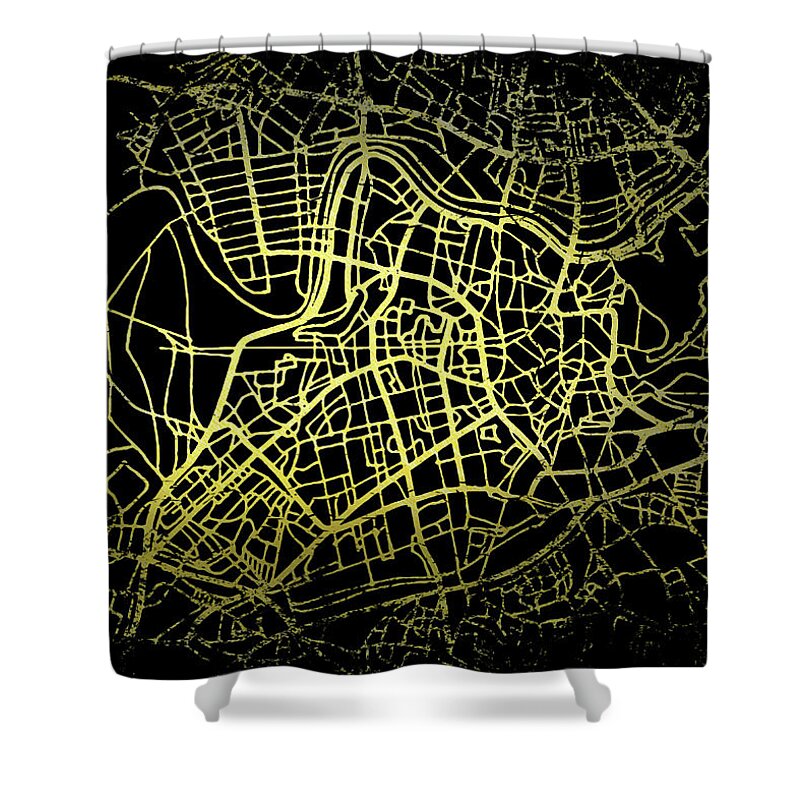Map Shower Curtain featuring the digital art Vilnius Map in Gold and Black by Sambel Pedes