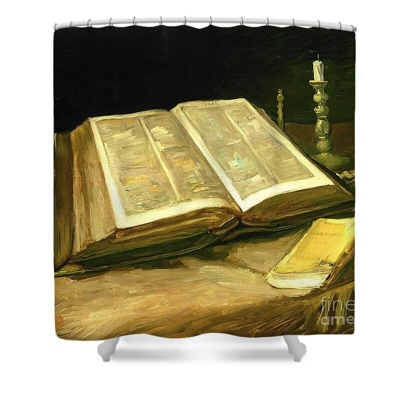 Vincent Van Gogh Still Life With Open Bible Shower Curtain featuring the painting Vincent van Gogh - Still Life with Bible by Alexandra Arts