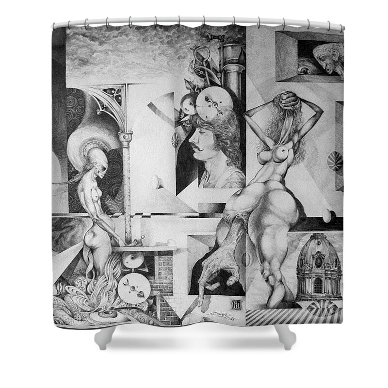 Surrealism Shower Curtain featuring the drawing Vindobona Altarpiece I by Otto Rapp