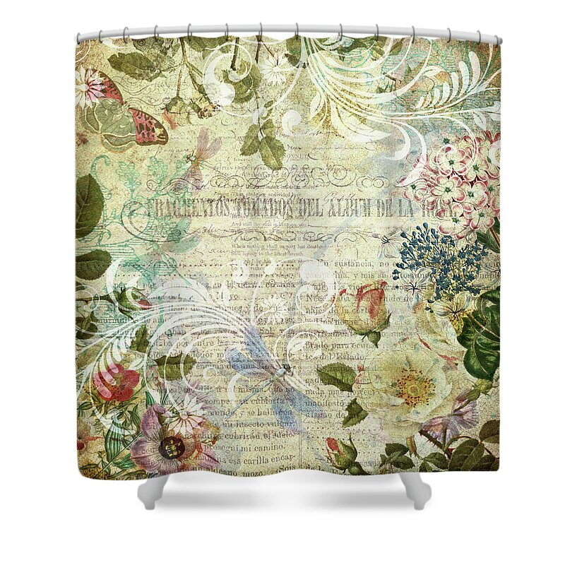 Vintage Shower Curtain featuring the mixed media Vintage Botanical Illustration Collage by Peggy Collins