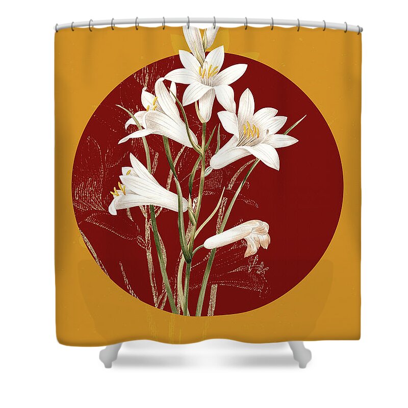 Vintage Shower Curtain featuring the painting Vintage Botanical St Brunos Lily on Circle Red on Yellow by Holy Rock Design