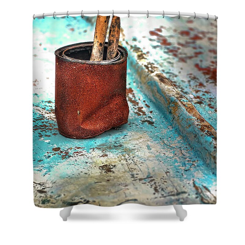 Rowboat Shower Curtain featuring the photograph Rusted Paint Can On the Hull of a Wooden Rowboat by Cordia Murphy