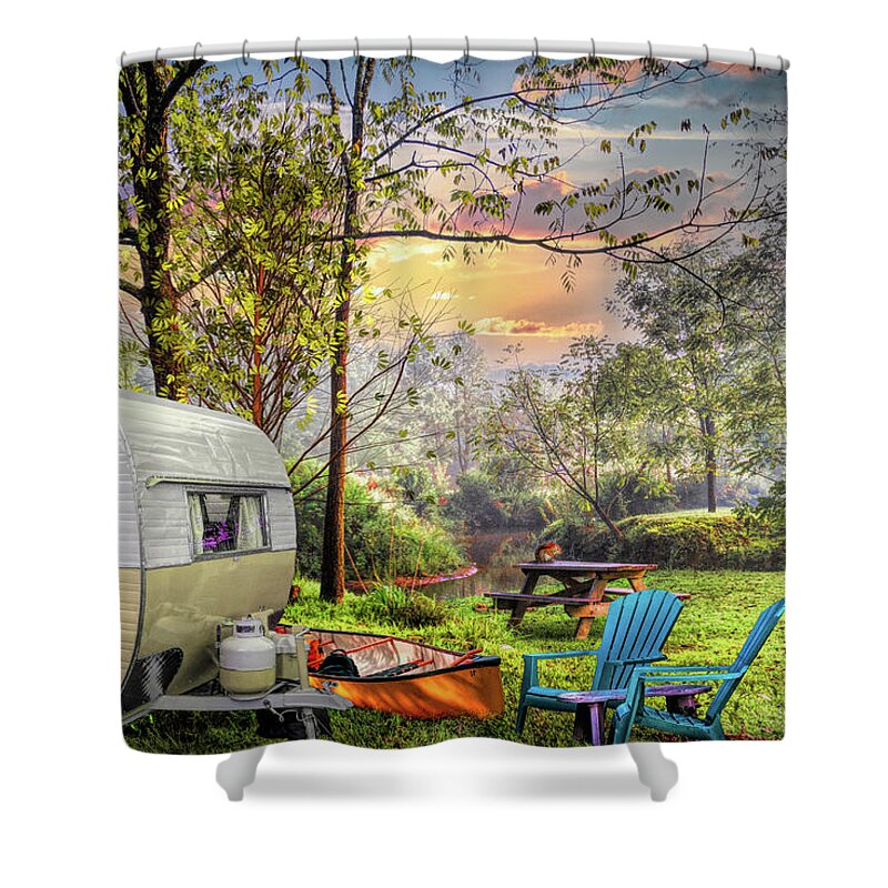 Camper Shower Curtain featuring the photograph Vintage Camping at the Creek by Debra and Dave Vanderlaan