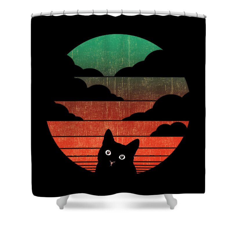 T Shirt Shower Curtain featuring the painting Vintage Cat Shirt Retro 70s Sunset Men Women Gift Tees by Tony Rubino