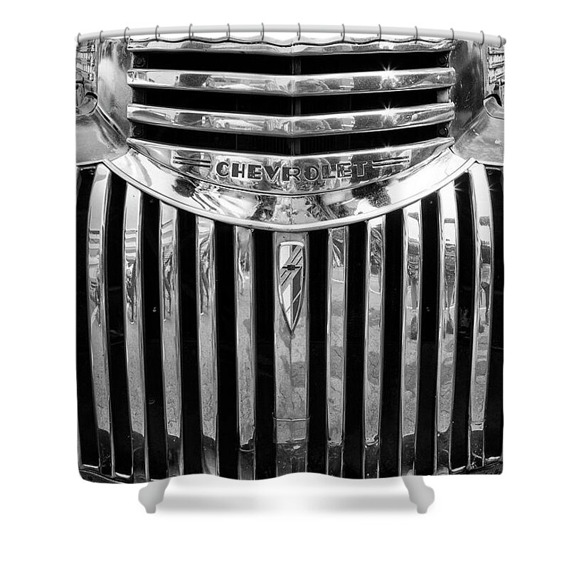 Chev Shower Curtain featuring the photograph Vintage Chev Half Ton Black And White by Theresa Tahara