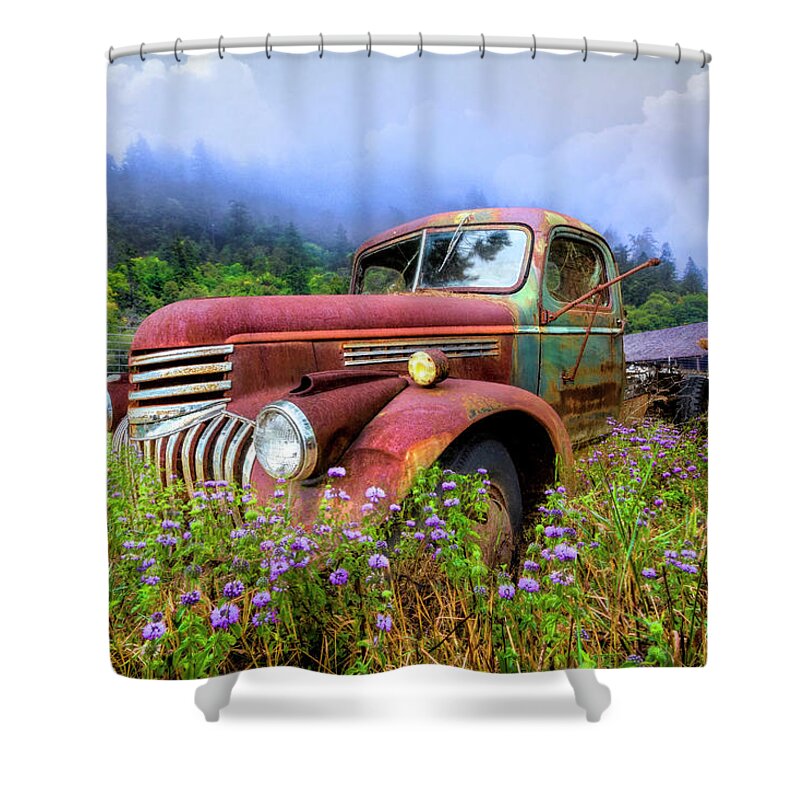 1941 Shower Curtain featuring the photograph Vintage Chevy PIckup Truck in the Mountain Wildflowers by Debra and Dave Vanderlaan