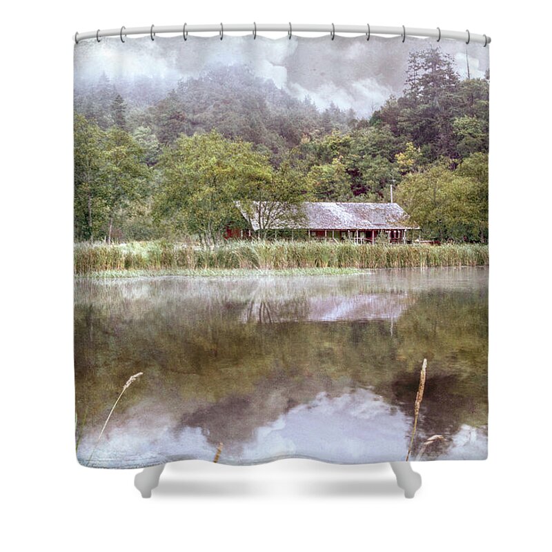 Barns Shower Curtain featuring the photograph Vintage Farm on the Edge of the Lake by Debra and Dave Vanderlaan