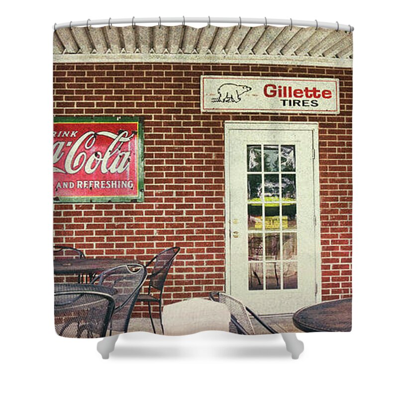 Gas Station Shower Curtain featuring the photograph Vintage Gas Station Textured by Andrea Anderegg