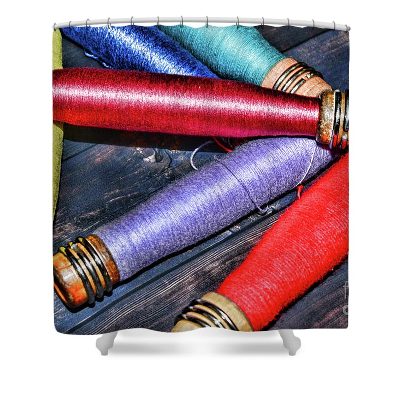 Paul Ward Shower Curtain featuring the photograph Vintage Industrial Sewing Spools by Paul Ward