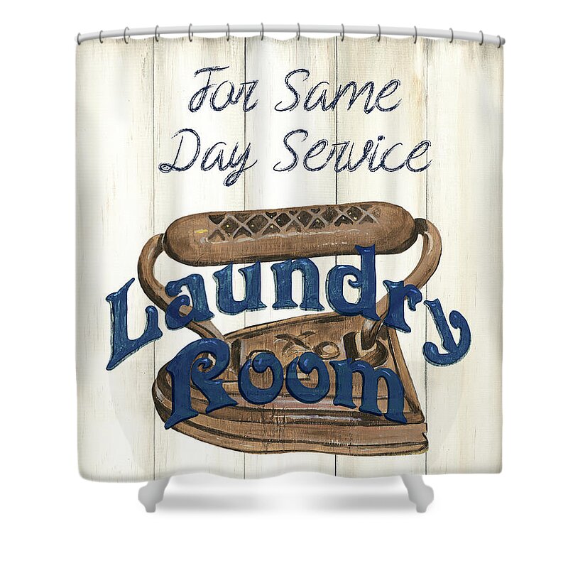 Laundry Shower Curtain featuring the painting Vintage Laundry Room Indigo 1 by Debbie DeWitt