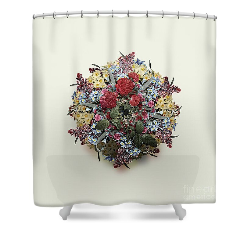 Vintage Shower Curtain featuring the painting Vintage Red Cabbage Rose in Bloom Flower Wreath on Ivory White n.0525 by Holy Rock Design