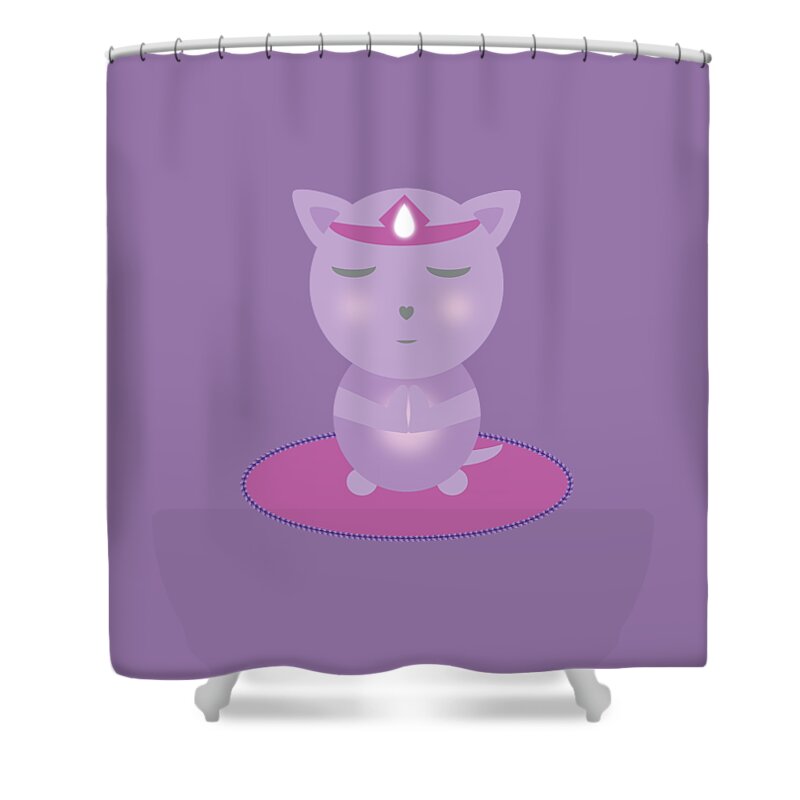 Prayer Shower Curtain featuring the digital art Violet Cat Meditating On The Mat by Barefoot Bodeez Art