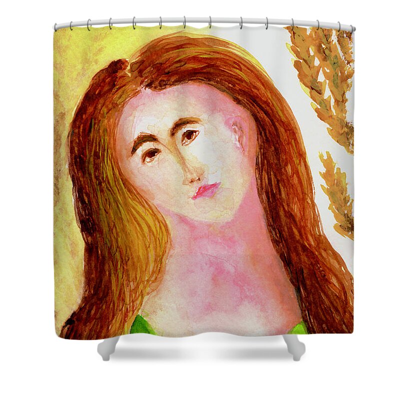 Green Brown Virgo Woman Shower Curtain featuring the painting Virgo Zodiac Sign Goddess Symbol by Anne Nordhaus-Bike