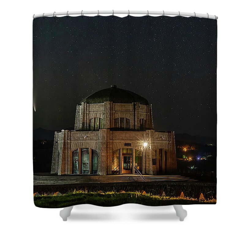 Vista House And Neowise Shower Curtain featuring the photograph Vista House and Neowise by Wes and Dotty Weber