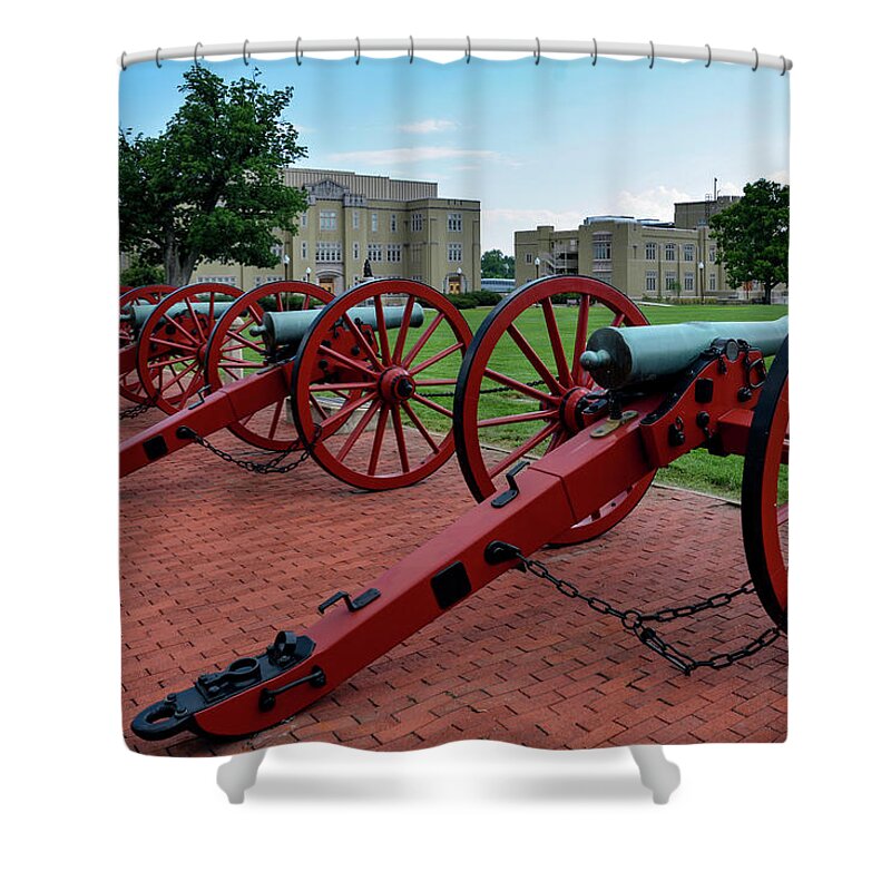 Lexington Shower Curtain featuring the photograph VMI - Cannons x 4 by Deb Beausoleil