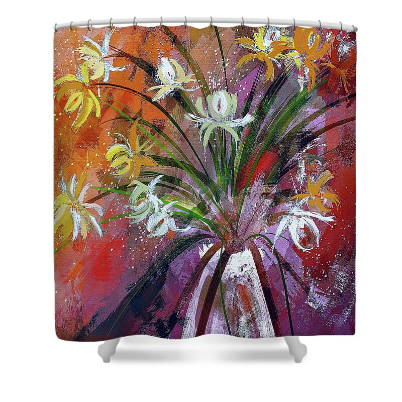 Flowers Shower Curtain featuring the digital art Volcano Flowers With Purple and Orange by Lois Bryan