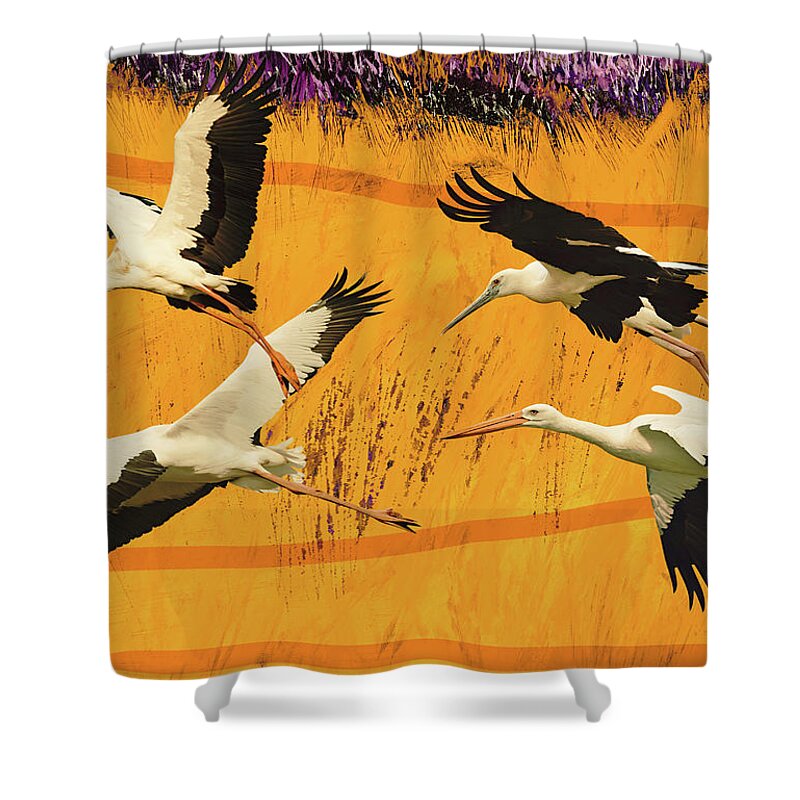 Stork Shower Curtain featuring the digital art Volo Di Cicogne by Guido Borelli
