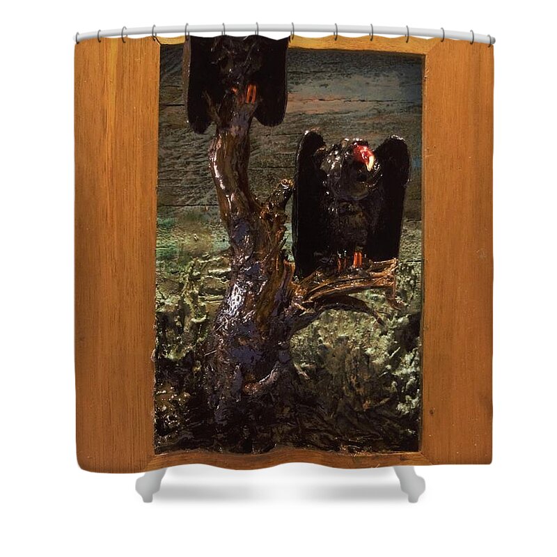 Perched Vultures Shower Curtain featuring the mixed media Vultures Projecting from Frame by Roger Swezey