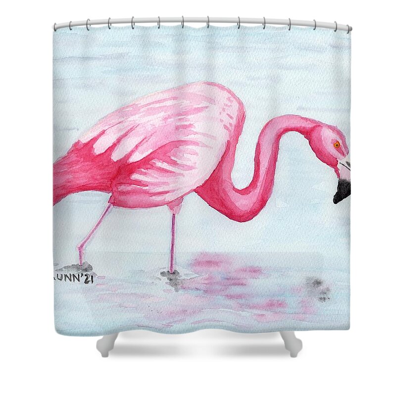 Flamingo Shower Curtain featuring the painting Wading Flamingo by Katrina Gunn