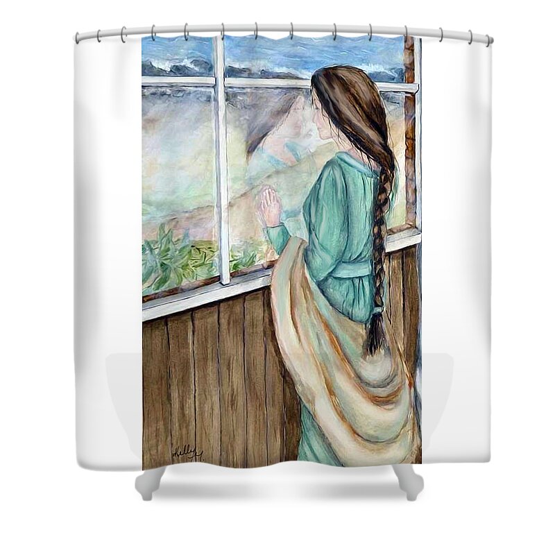 Young Girl Shower Curtain featuring the painting Waiting For Her Dreams by Kelly Mills
