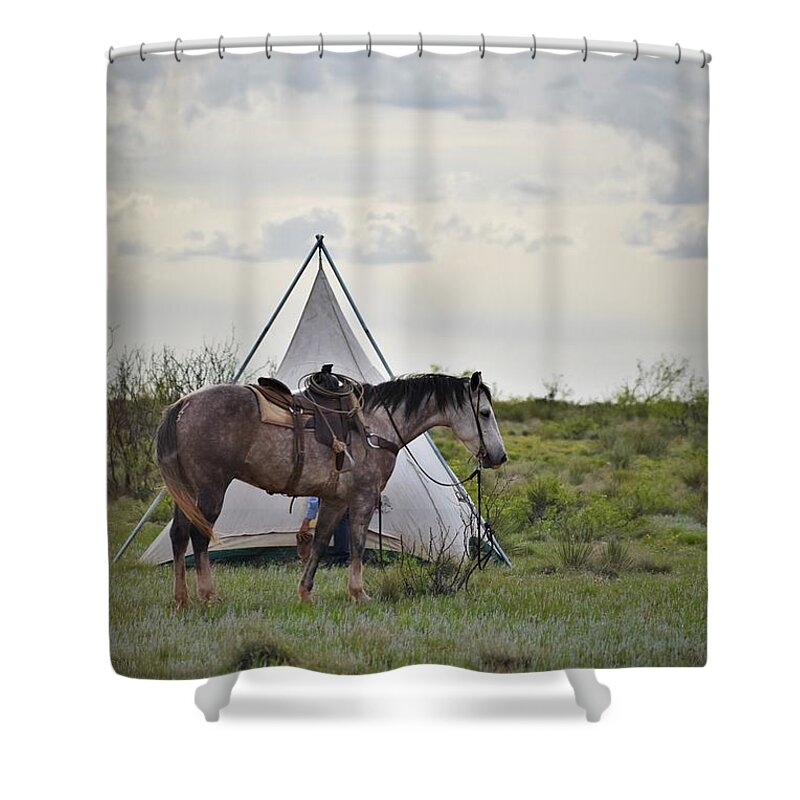 Western Art Shower Curtain featuring the photograph Waiting for Jesse by Alden White Ballard