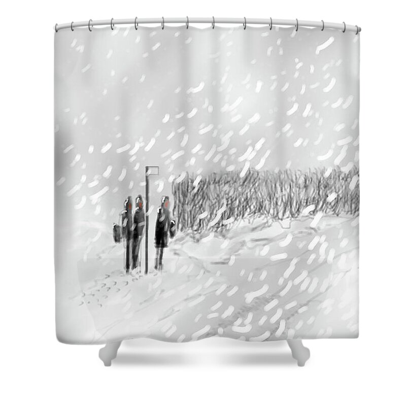 Ipad Painting Shower Curtain featuring the painting Waiting for the School Bus, Church Corner, Gildersome by Glenn Marshall